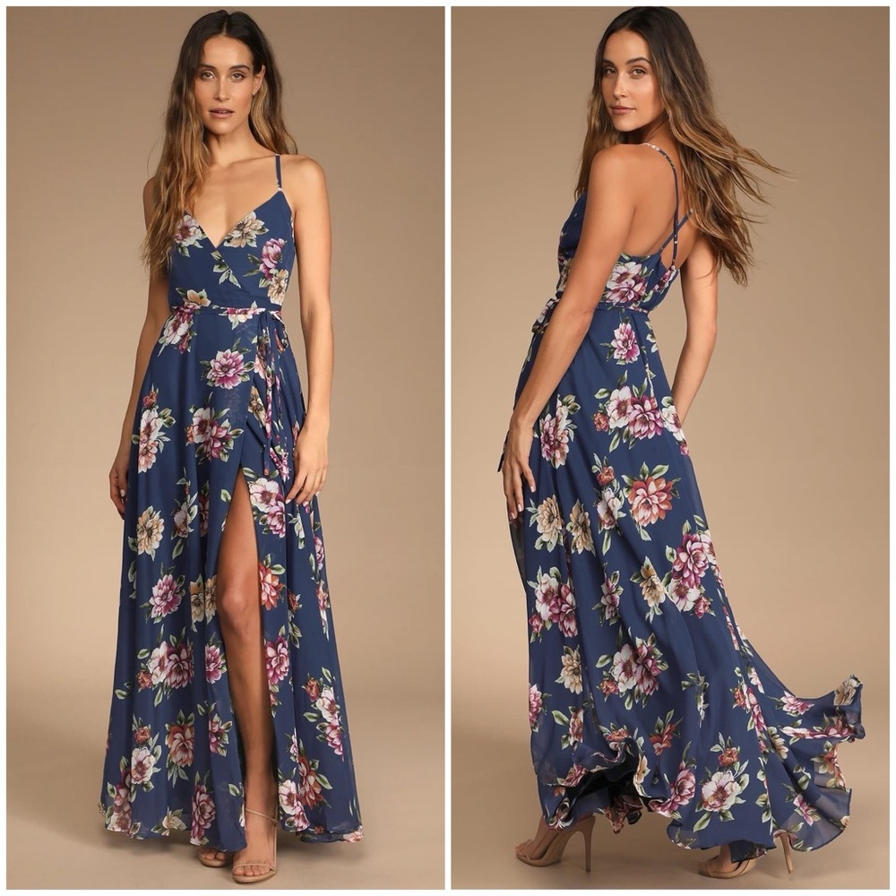 Lulus Always There For Me Navy Blue Floral Print Wrap Maxi Dress Size Large